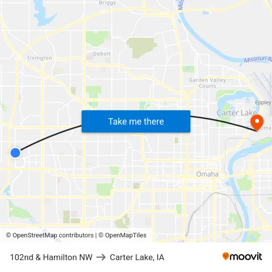 102nd & Hamilton NW to Carter Lake, IA map