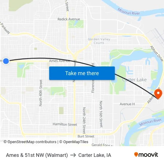 Ames & 51st NW (Walmart) to Carter Lake, IA map