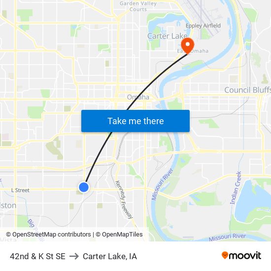 42nd & K St SE to Carter Lake, IA map