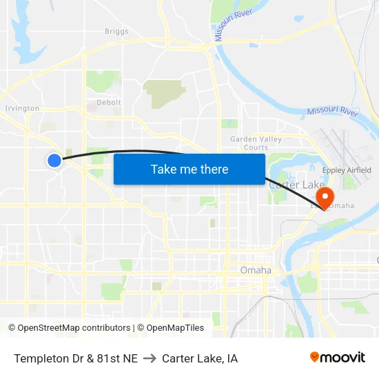 Templeton Dr & 81st NE to Carter Lake, IA map