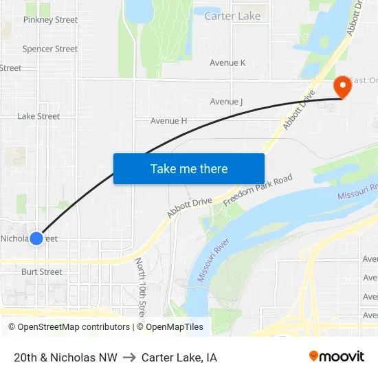 20th & Nicholas NW to Carter Lake, IA map