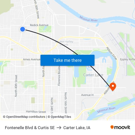 Fontenelle Blvd & Curtis SE to Carter Lake, IA map