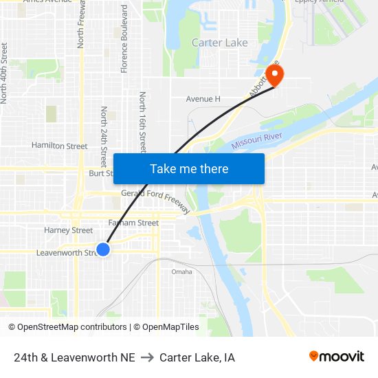 24th & Leavenworth NE to Carter Lake, IA map