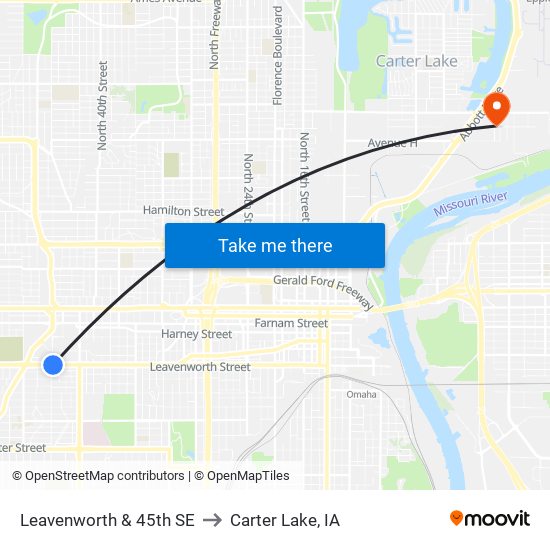 Leavenworth & 45th SE to Carter Lake, IA map