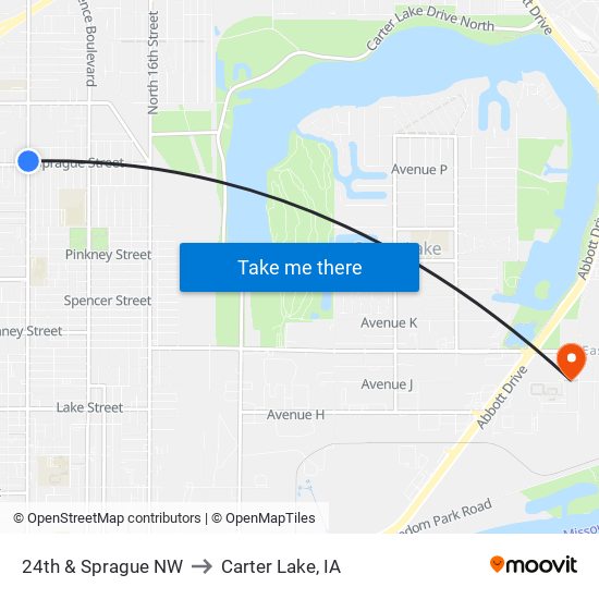 24th & Sprague NW to Carter Lake, IA map