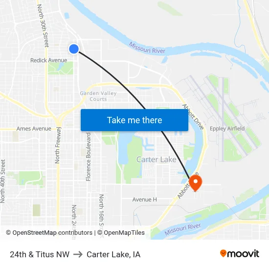 24th & Titus NW to Carter Lake, IA map