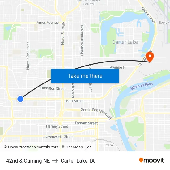 42nd & Cuming NE to Carter Lake, IA map