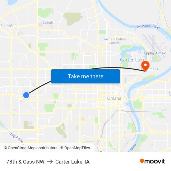 78th & Cass NW to Carter Lake, IA map