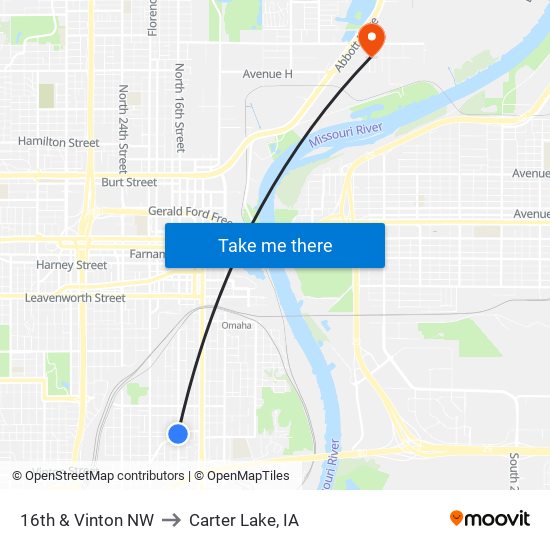 16th & Vinton NW to Carter Lake, IA map