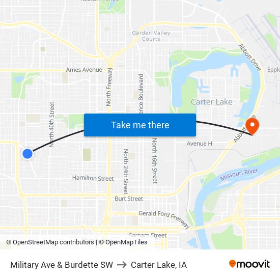 Military Ave & Burdette SW to Carter Lake, IA map