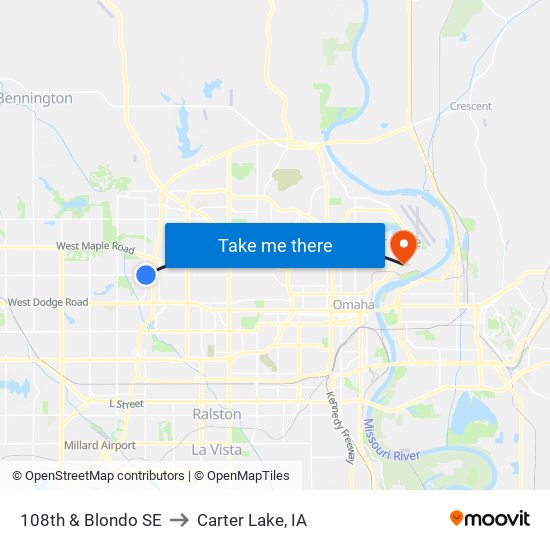 108th & Blondo SE to Carter Lake, IA map