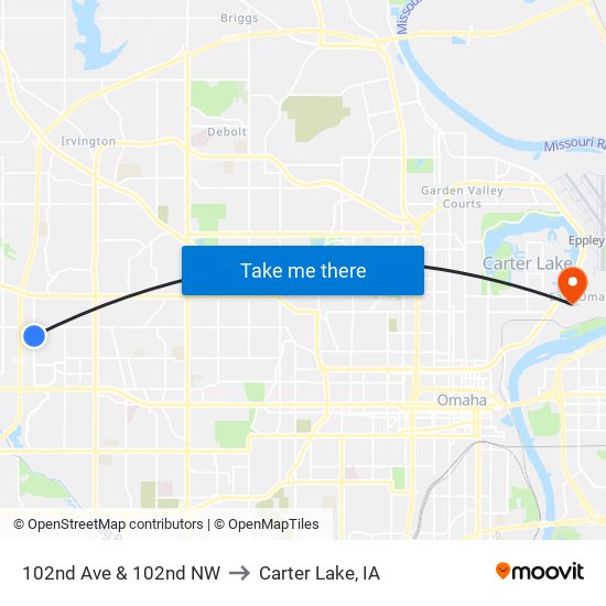 102nd Ave & 102nd NW to Carter Lake, IA map