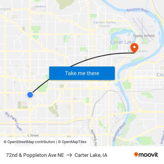 72nd & Poppleton Ave NE to Carter Lake, IA map