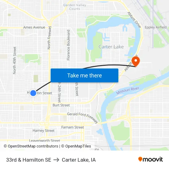 33rd & Hamilton SE to Carter Lake, IA map