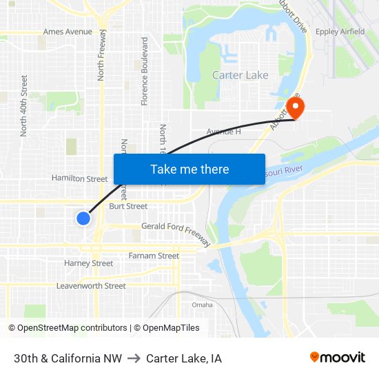 30th & California NW to Carter Lake, IA map