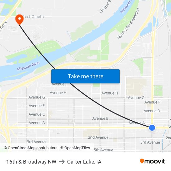 16th & Broadway NW to Carter Lake, IA map