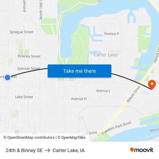 24th & Binney SE to Carter Lake, IA map