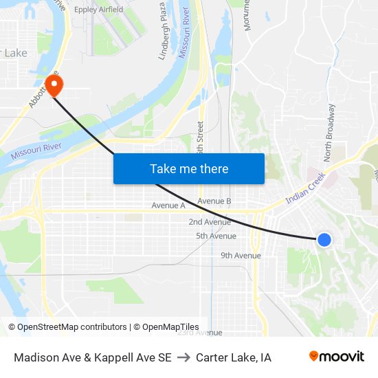 Madison Ave & Kappell Ave SE to Carter Lake, IA map