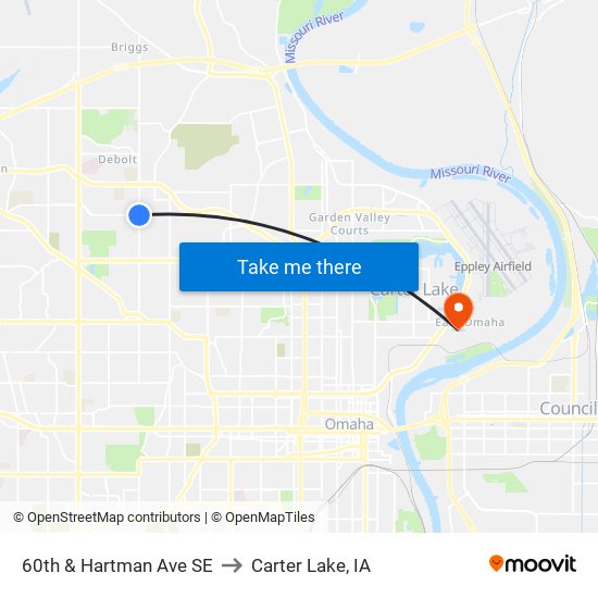 60th & Hartman Ave SE to Carter Lake, IA map