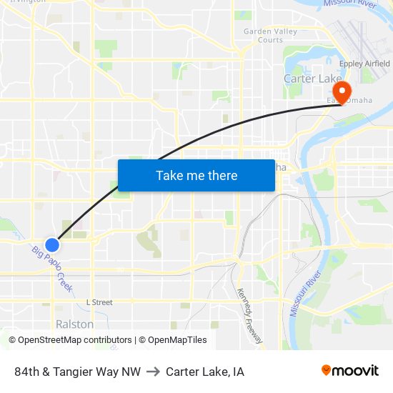 84th & Tangier Way NW to Carter Lake, IA map