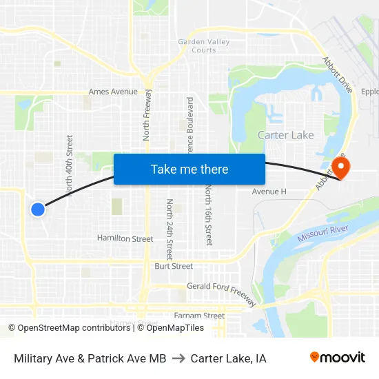 Military Ave & Patrick Ave MB to Carter Lake, IA map