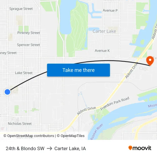 24th & Blondo SW to Carter Lake, IA map