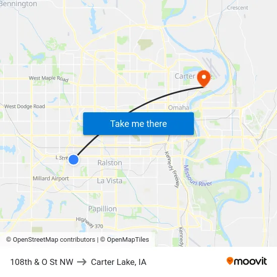 108th & O St NW to Carter Lake, IA map