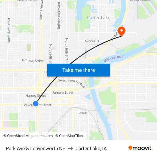 Park Ave & Leavenworth NE to Carter Lake, IA map