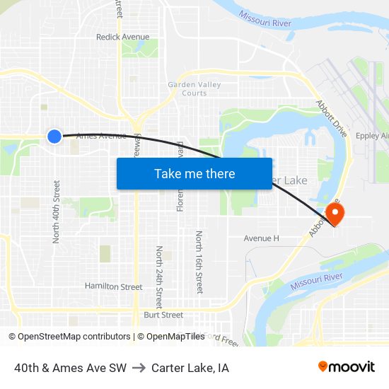 40th & Ames Ave SW to Carter Lake, IA map