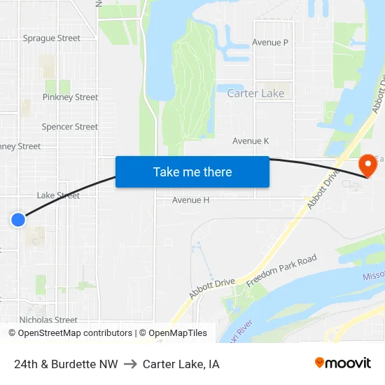 24th & Burdette NW to Carter Lake, IA map