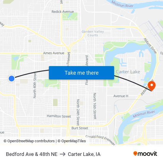 Bedford Ave & 48th NE to Carter Lake, IA map