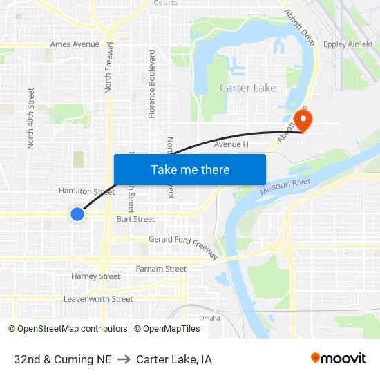 32nd & Cuming NE to Carter Lake, IA map