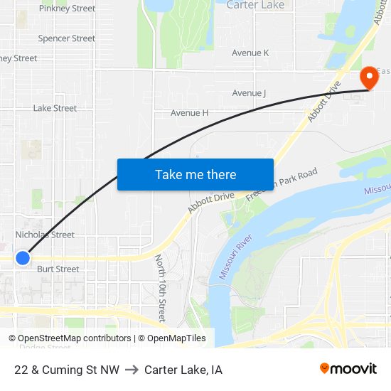 22 & Cuming St NW to Carter Lake, IA map