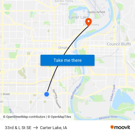 33rd & L St SE to Carter Lake, IA map