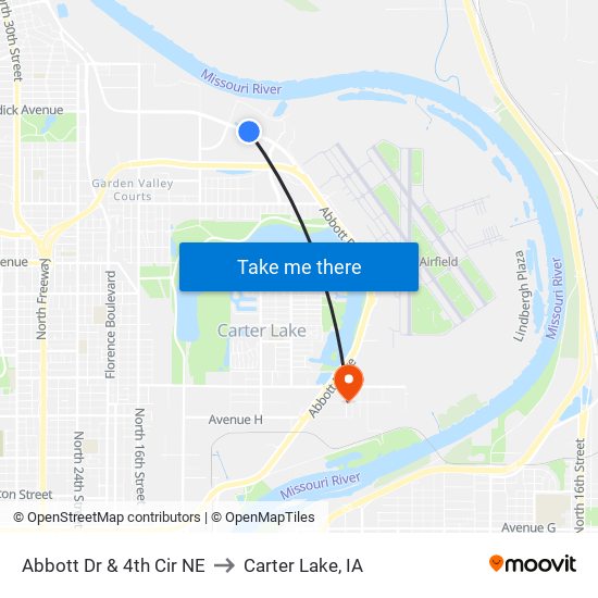 Abbott Dr & 4th Cir NE to Carter Lake, IA map