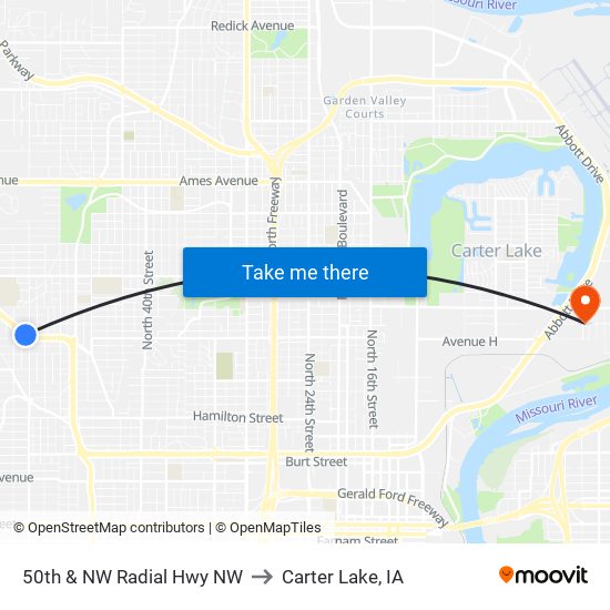 50th & NW Radial Hwy NW to Carter Lake, IA map