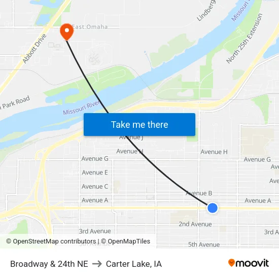 Broadway & 24th NE to Carter Lake, IA map