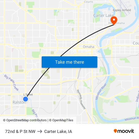 72nd & P St NW to Carter Lake, IA map