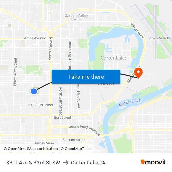 33rd Ave & 33rd St SW to Carter Lake, IA map