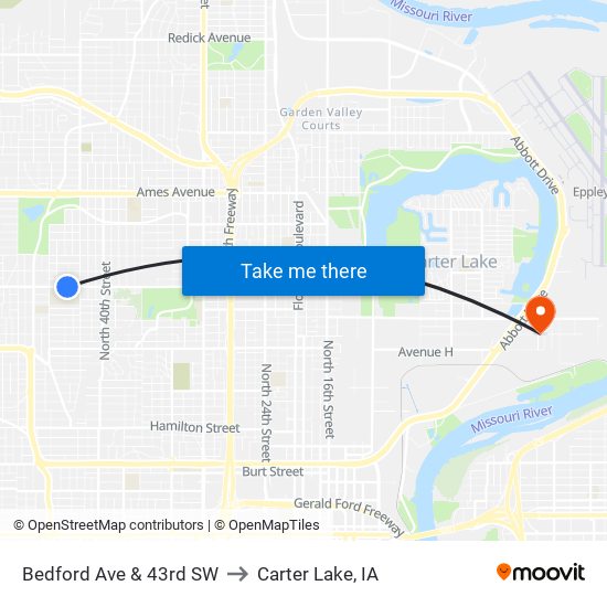 Bedford Ave & 43rd SW to Carter Lake, IA map