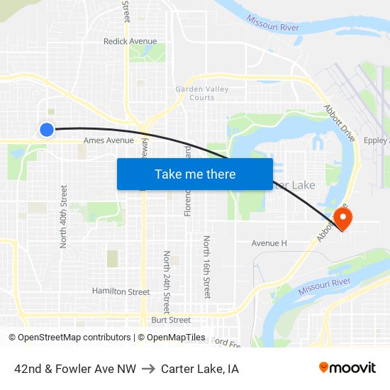 42nd & Fowler Ave NW to Carter Lake, IA map