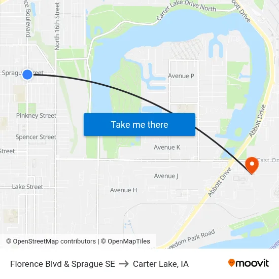 Florence Blvd & Sprague SE to Carter Lake, IA map