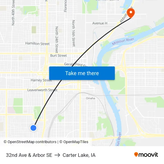 32nd Ave & Arbor SE to Carter Lake, IA map