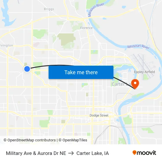 Military Ave & Aurora Dr NE to Carter Lake, IA map