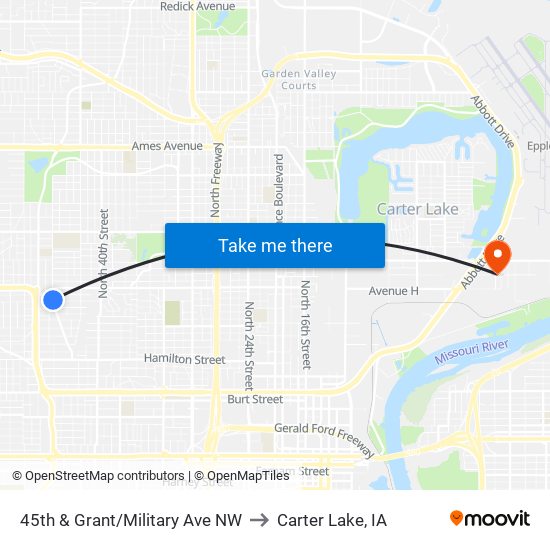 45th & Grant/Military Ave NW to Carter Lake, IA map