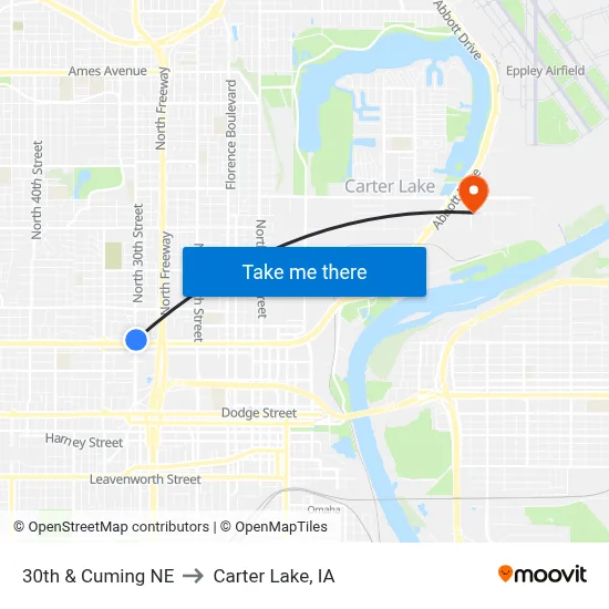 30th & Cuming NE to Carter Lake, IA map
