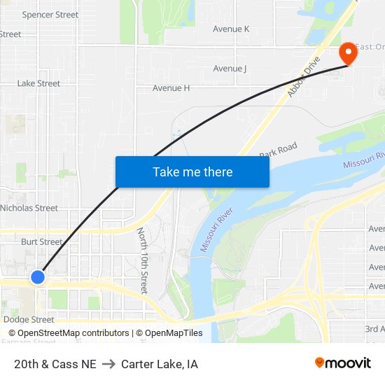 20th & Cass NE to Carter Lake, IA map