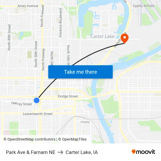 Park Ave & Farnam NE to Carter Lake, IA map