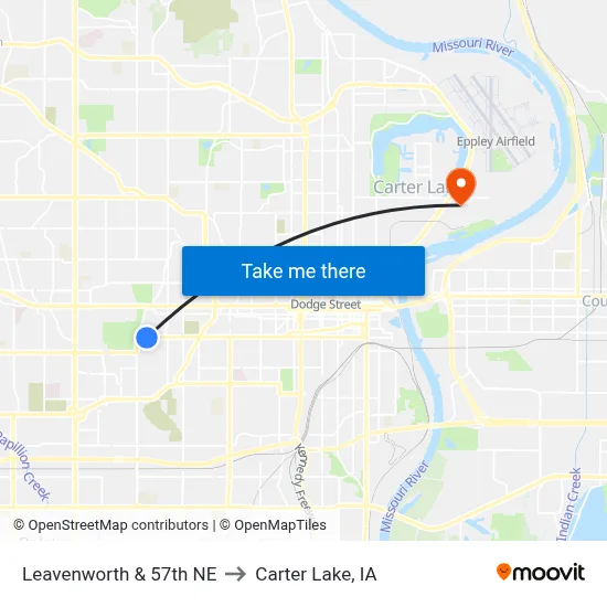 Leavenworth & 57th NE to Carter Lake, IA map