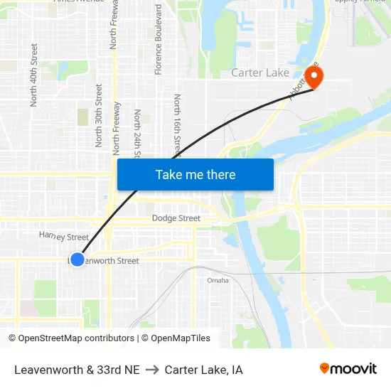 Leavenworth & 33rd NE to Carter Lake, IA map
